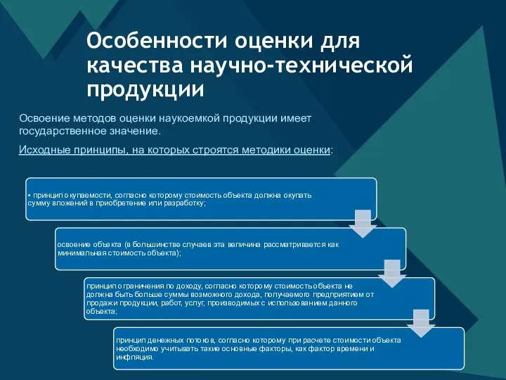 Освоение методов оценки наукоемкой продукции имеет государственное значение. Исходные принципы, на которых