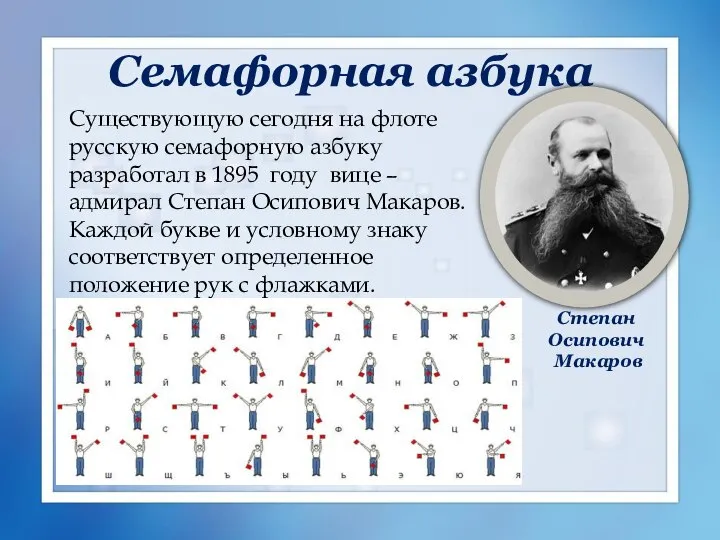 Семафорная азбука Существующую сегодня на флоте русскую семафорную азбуку разработал в 1895