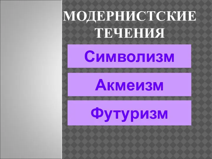 МОДЕРНИСТСКИЕ ТЕЧЕНИЯ Символизм Акмеизм Футуризм