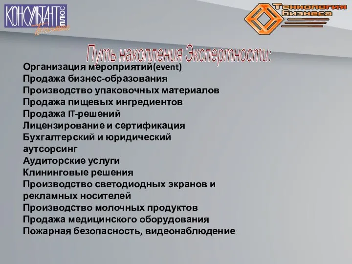 Путь накопления Экспертности: Организация мероприятий(event) Продажа бизнес-образования Производство упаковочных материалов Продажа пищевых