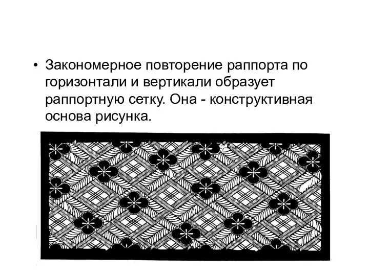 Закономерное повторение раппорта по горизонтали и вертикали образует раппортную сетку. Она - конструктивная основа рисунка.