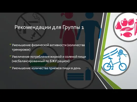 Рекомендации для Группы 1 Уменьшение физической активности (количества тренировок) Увеличение потребления жирной