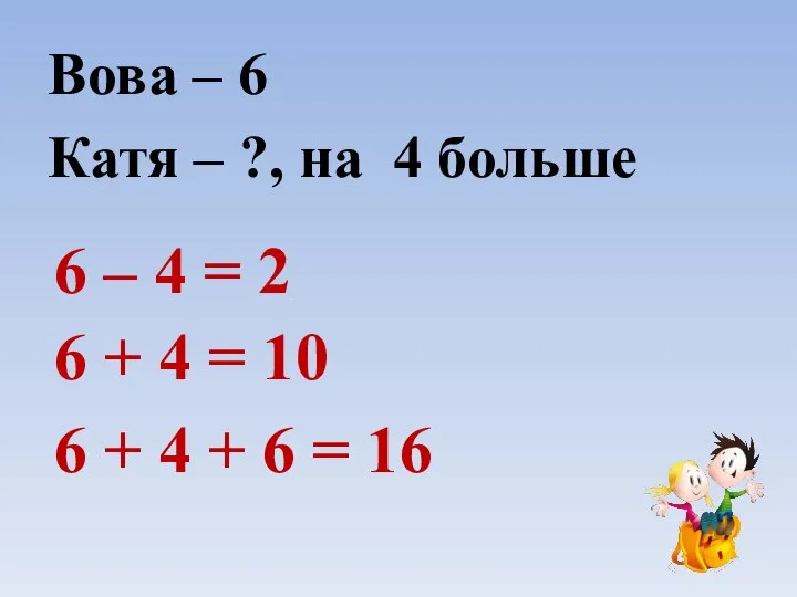 Вова – 6 Катя – ?, на 4 больше 6 – 4