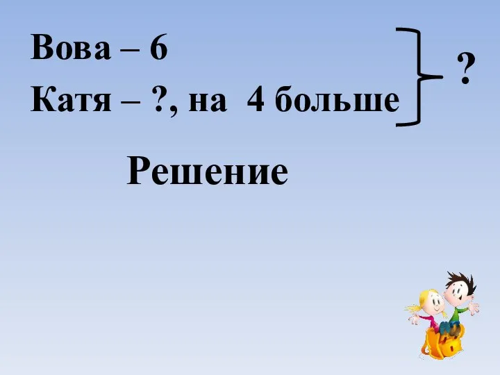 Вова – 6 Катя – ?, на 4 больше Решение ?