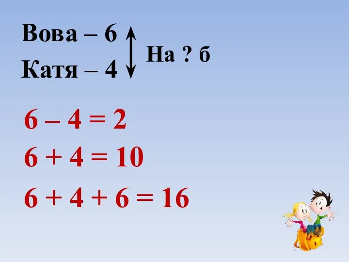 Вова – 6 Катя – 4 6 – 4 = 2 6