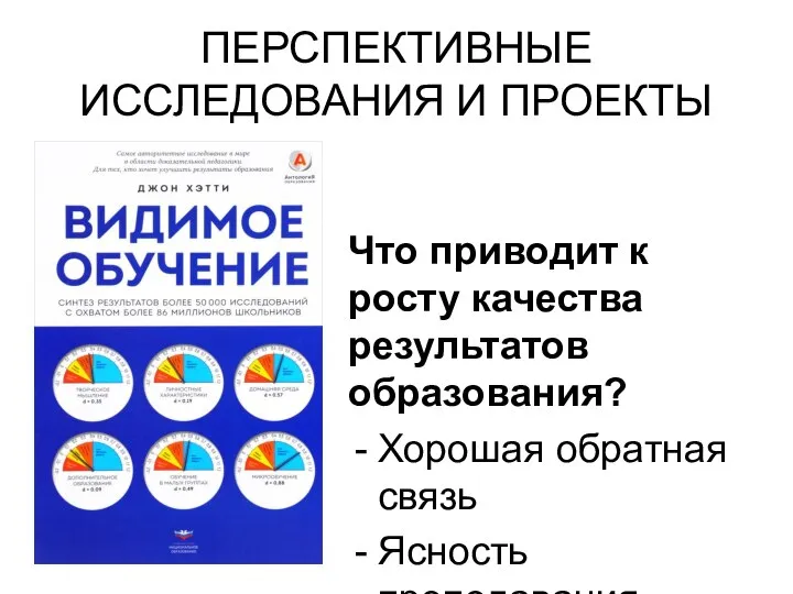 ПЕРСПЕКТИВНЫЕ ИССЛЕДОВАНИЯ И ПРОЕКТЫ Что приводит к росту качества результатов образования? Хорошая