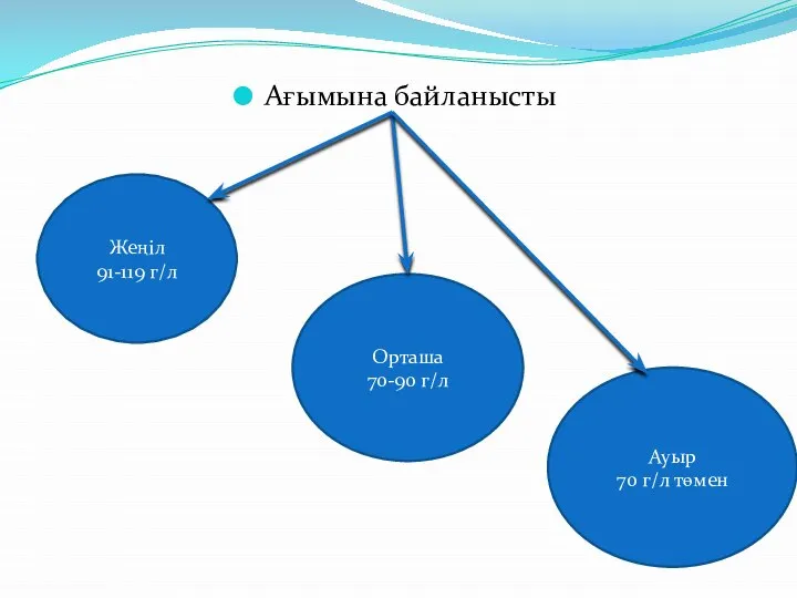 Ағымына байланысты Жеңіл 91-119 г/л Орташа 70-90 г/л Ауыр 70 г/л төмен