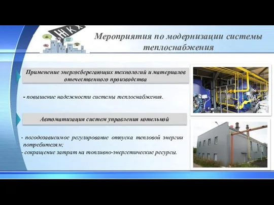 Мероприятия по модернизации системы теплоснабжения Применение энергосберегающих технологий и материалов отечественного производства