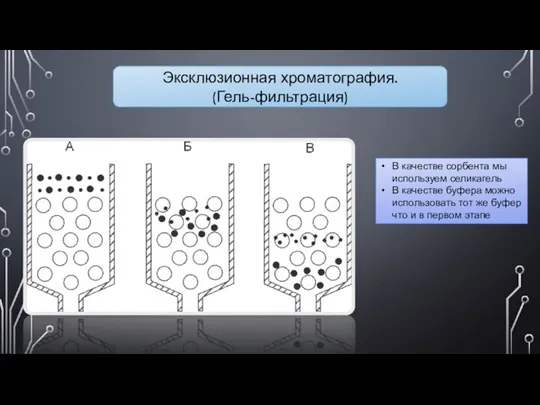 Эксклюзионная хроматография. (Гель-фильтрация) В качестве сорбента мы используем селикагель В качестве буфера