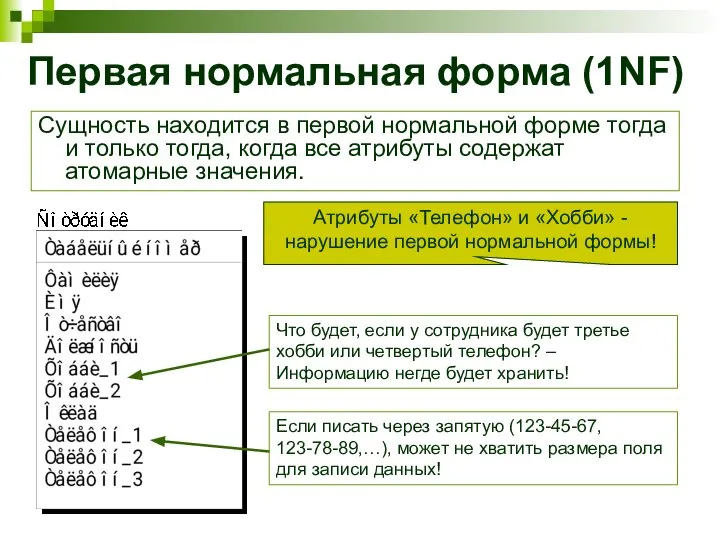 Первая нормальная форма (1NF) Сущность находится в первой нормальной форме тогда и