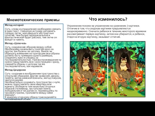 Мнемотехнические приемы Метод историй Суть: слова и определения необходимо связать в один