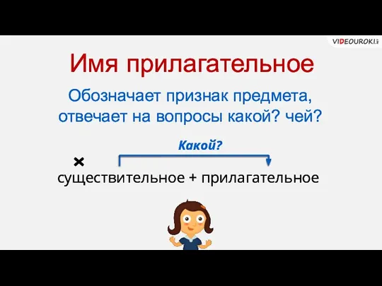 Имя прилагательное Обозначает признак предмета, отвечает на вопросы какой? чей? существительное + прилагательное Какой?