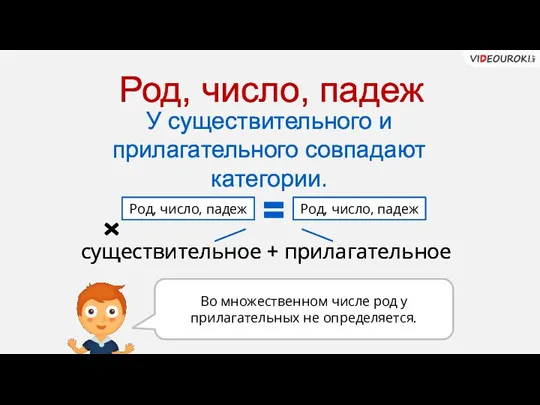 Род, число, падеж У существительного и прилагательного совпадают категории. существительное + прилагательное