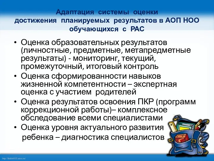 Адаптация системы оценки достижения планируемых результатов в АОП НОО обучающихся с РАС