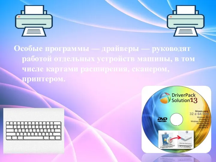 Особые программы — драйверы — руководят работой отдельных устройств машины, в том