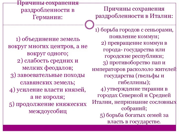 Причины сохранения раздробленности в Германии: 1) объединение земель вокруг многих центров, а