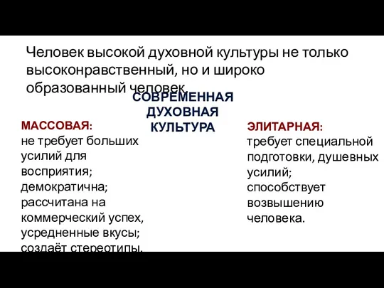 Человек высокой духовной культуры не только высоконравственный, но и широко образованный человек.