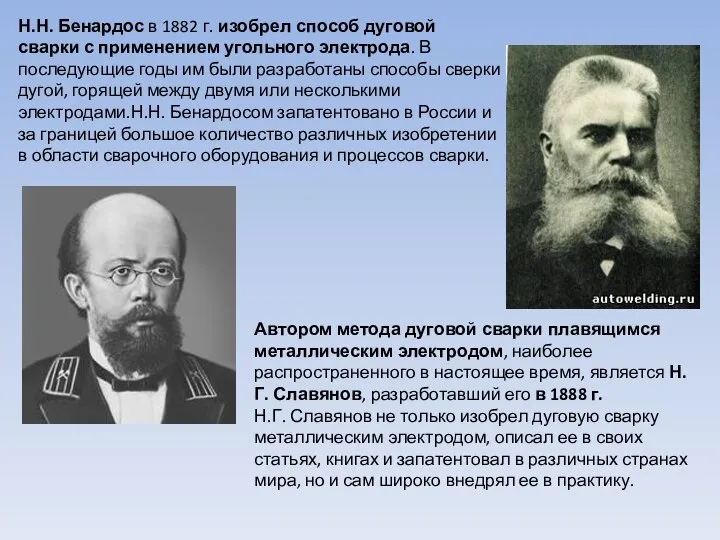 Н.Н. Бенардос в 1882 г. изобрел способ дуговой сварки с применением угольного