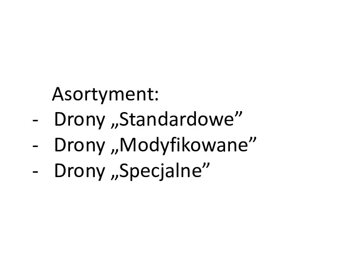 Asortyment: - Drony „Standardowe” - Drony „Modyfikowane” - Drony „Specjalne”