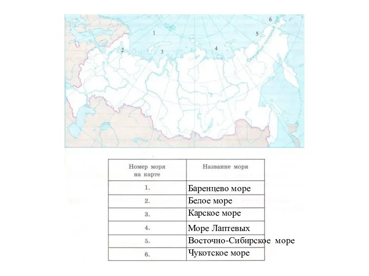 Баренцево море Белое море Карское море Море Лаптевых Чукотское море Восточно-Сибирское море