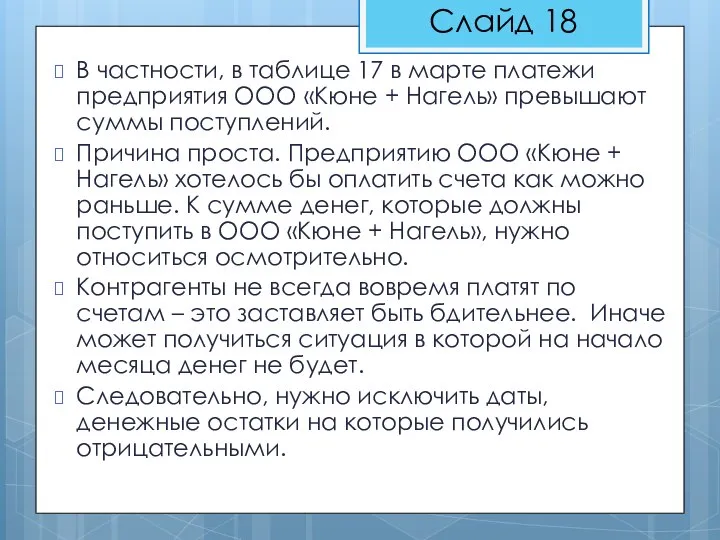 В частности, в таблице 17 в марте платежи предприятия ООО «Кюне +