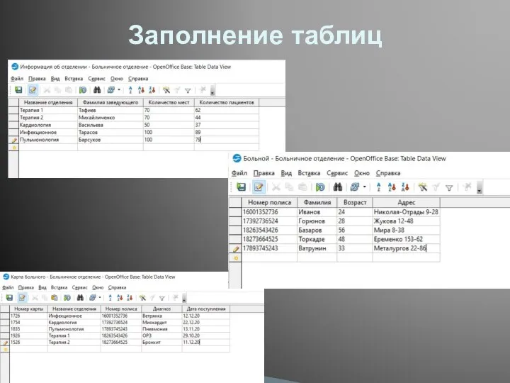 Заполнение таблиц