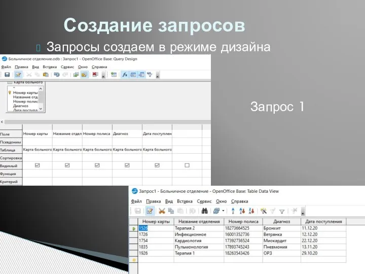 Запросы создаем в режиме дизайна Запрос 1 Создание запросов