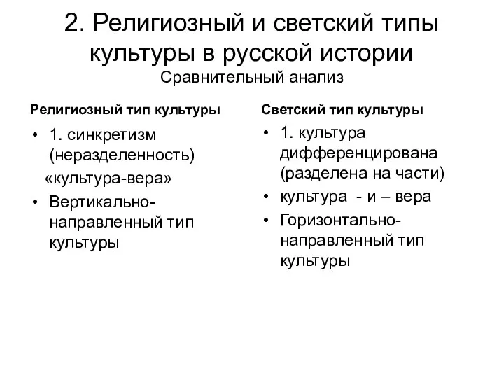 2. Религиозный и светский типы культуры в русской истории Сравнительный анализ Религиозный