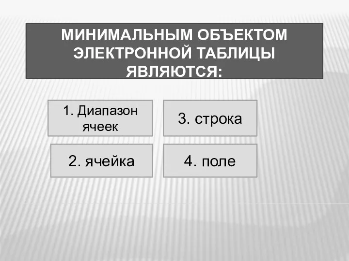 МИНИМАЛЬНЫМ ОБЪЕКТОМ ЭЛЕКТРОННОЙ ТАБЛИЦЫ ЯВЛЯЮТСЯ: 1. Диапазон ячеек 2. ячейка 3. строка 4. поле