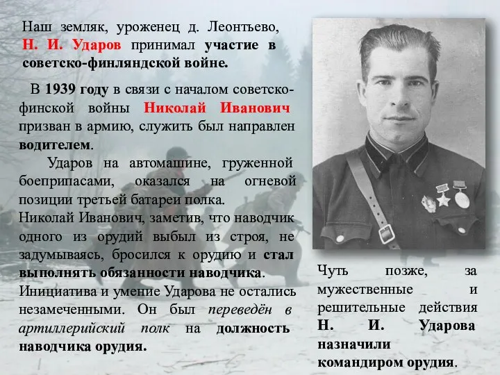Наш земляк, уроженец д. Леонтьево, Н. И. Ударов принимал участие в советско-финляндской