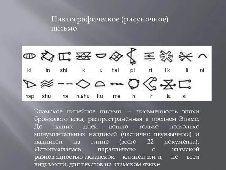 Пиктографическое (рисуночное) письмо Эламское линейное письмо — письменность эпохи бронзового века, распространённая