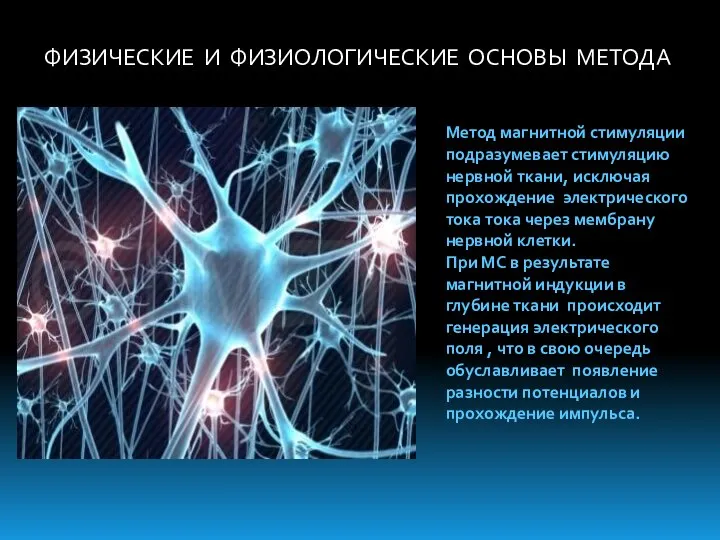 ФИЗИЧЕСКИЕ И ФИЗИОЛОГИЧЕСКИЕ ОСНОВЫ МЕТОДА Метод магнитной стимуляции подразумевает стимуляцию нервной ткани,