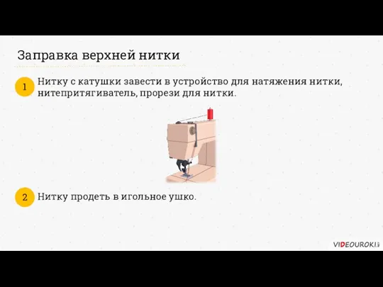 Заправка верхней нитки Нитку с катушки завести в устройство для натяжения нитки,