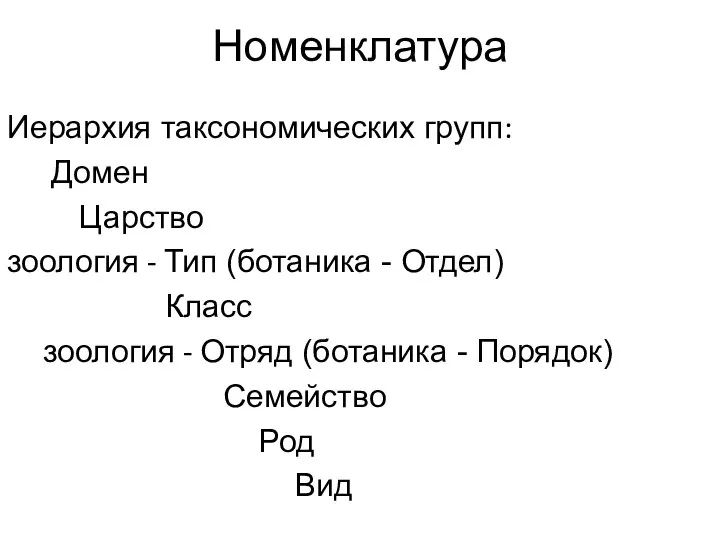 Номенклатура Иерархия таксономических групп: Домен Царство зоология - Тип (ботаника - Отдел)