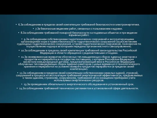 6.За соблюдением в пределах своей компетенции требований безопасности в электроэнергетике. 7.За безопасным