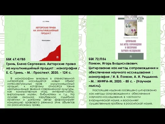 ББК 67.4/Г85 Гринь, Елена Сергеевна. Авторские права на мультимедийный продукт : монография