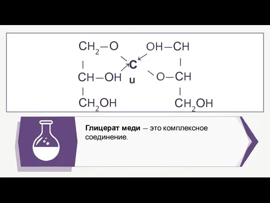 Глицерат меди — это комплексное соединение. СH2—О СH—ОH СH2ОH — — —