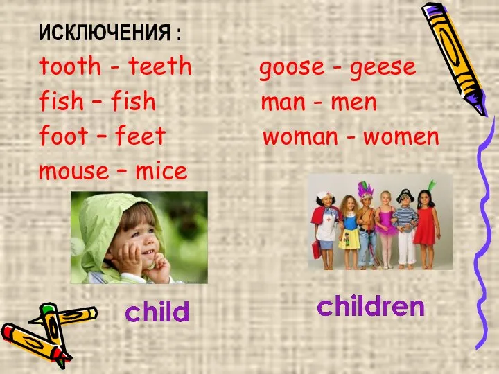 ИСКЛЮЧЕНИЯ : tooth - teeth goose - geese fish – fish man