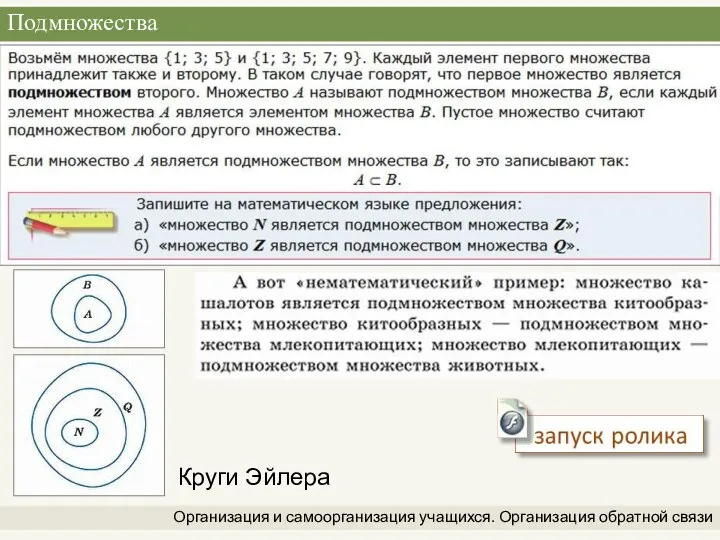 Подмножества Организация и самоорганизация учащихся. Организация обратной связи Круги Эйлера