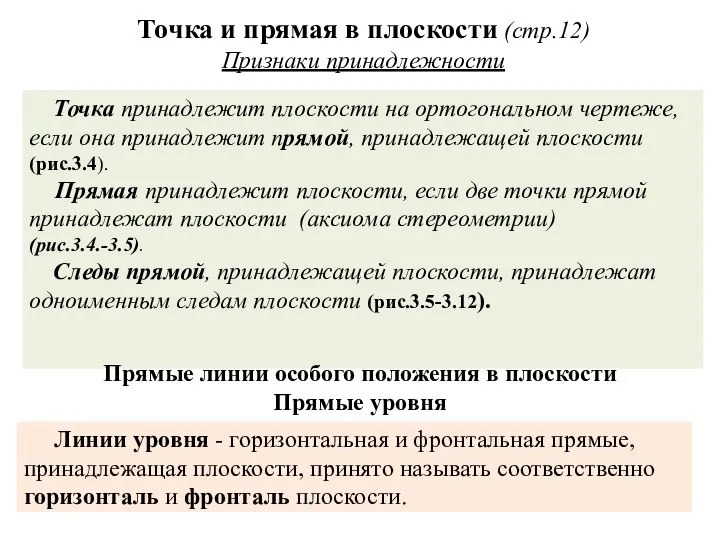 Точка и прямая в плоскости (стр.12) Признаки принадлежности Точка принадлежит плоскости на