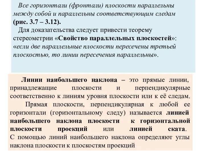 Линии наибольшего наклона – это прямые линии, принадлежащие плоскости и перпендикулярные соответственно