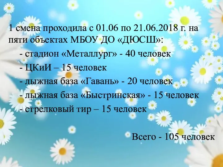 1 смена проходила с 01.06 по 21.06.2018 г. на пяти объектах МБОУ