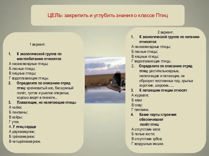 ЦЕЛЬ: закрепить и углубить знания о классе Птиц 1 вариант. К экологической