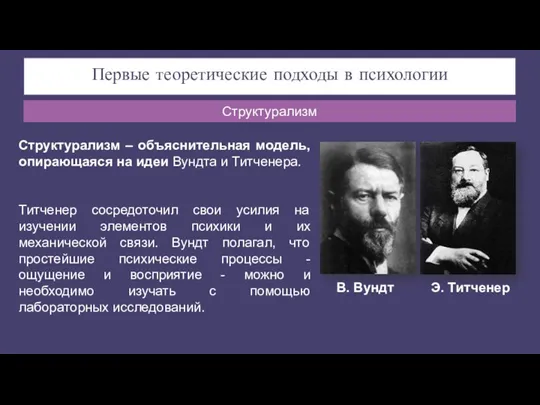 Первые теоретические подходы в психологии Структурализм – объяснительная модель, опирающаяся на идеи