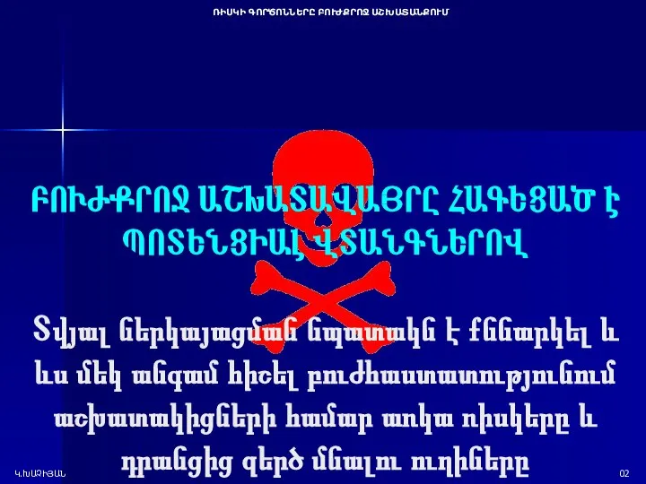 ՌԻՍԿԻ ԳՈՐԾՈՆՆԵՐԸ ԲՈՒԺՔՐՈՋ ԱՇԽԱՏԱՆՔՈՒՄ Կ.ԽԱՉԻՅԱՆ 02 ԲՈՒԺՔՐՈՋ ԱՇԽԱՏԱՎԱՅՐԸ ՀԱԳԵՑԱԾ Է ՊՈՏԵՆՑԻԱԼ ՎՏԱՆԳՆԵՐՈՎ