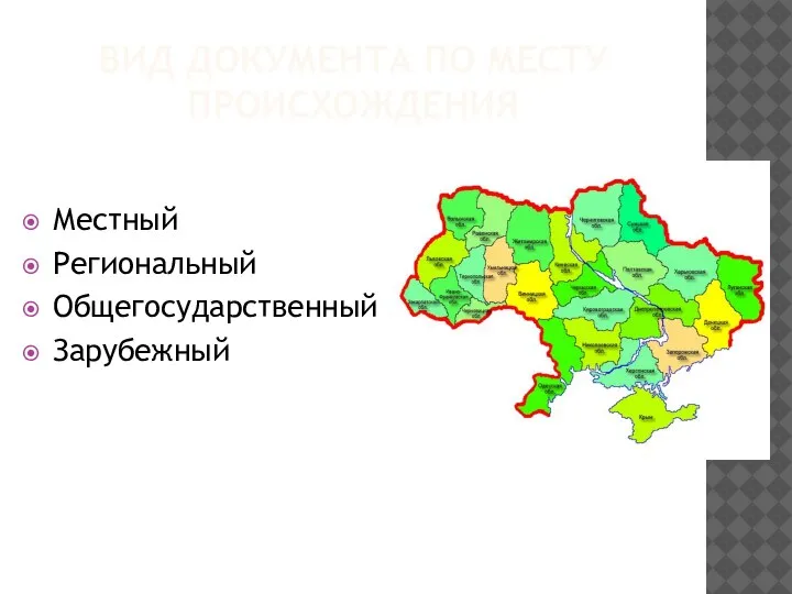 ВИД ДОКУМЕНТА ПО МЕСТУ ПРОИСХОЖДЕНИЯ Местный Региональный Общегосударственный Зарубежный