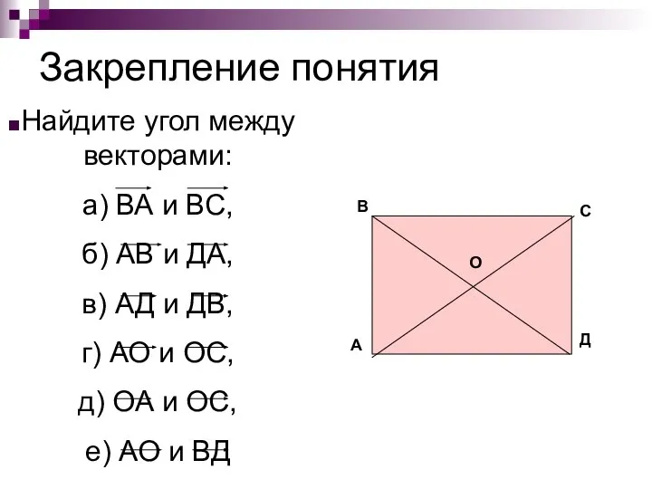 Закрепление понятия Найдите угол между векторами: а) ВА и ВС, б) АВ