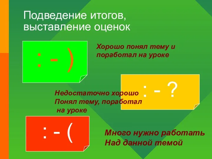 Подведение итогов, выставление оценок : - ) Хорошо понял тему и поработал