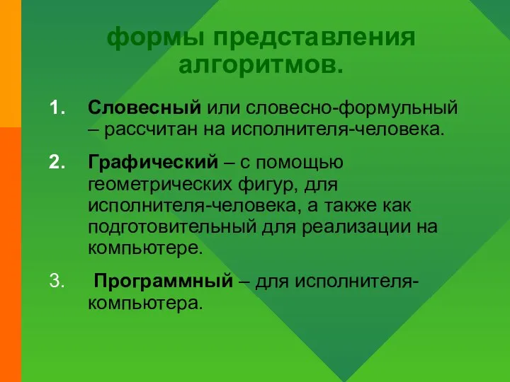 формы представления алгоритмов. Словесный или словесно-формульный – рассчитан на исполнителя-человека. Графический –