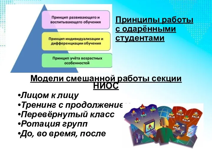 Принципы работы с одарёнными студентами Модели смешанной работы секции НИОС Лицом к